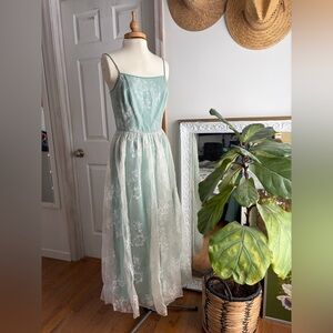 Vintage Dana Buchman Lined Silk Maxi Dress Mint Green Floral Sz 8 Cottagecore